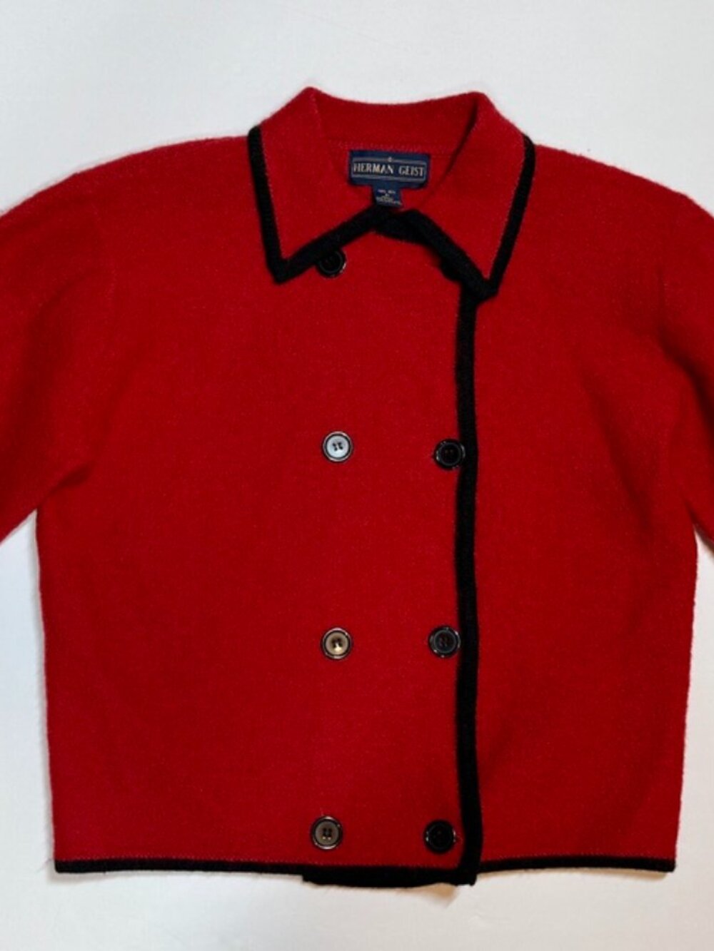 Vintage Herman Geist Red Wool Jacket Medium Black Trim Double Breasted 90s Cropp